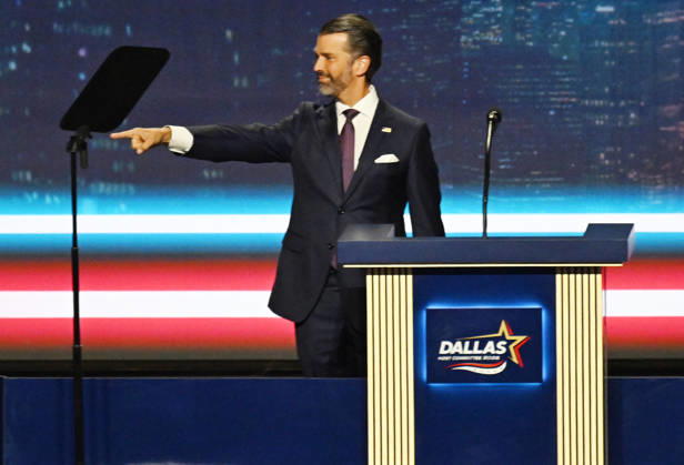 Donald Trump Jr, son of President Donald Trump, points to someone in the crowd as he speaks during the second day of the Republican midterm convention at American Airlines Center in Dallas, Texas, on Thursday, September 10, 2026.  DAL20260910912 IANxHALPERIN