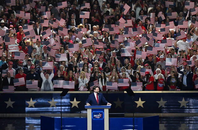 Vice President JD Vance makes a keynote address during the second night of the Republican midterm convention at the American Airlines Center in Dallas, Texas, on Thursday, September 10, 2026.  DAL20260910919 IANxHALPERIN