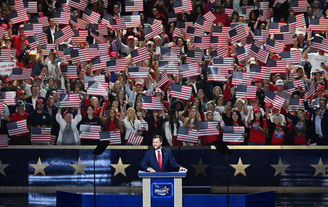 Vice President JD Vance makes a keynote address during the second night of the Republican midterm convention at the American Airlines Center in Dallas, Texas, on Thursday, September 10, 2026.  DAL20260910921 IANxHALPERIN