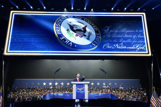 Vice President JD Vance makes a keynote address during the second night of the Republican midterm convention at the American Airlines Center in Dallas, Texas, on Thursday, September 10, 2026.  DAL20260910930 BONNIExCASH