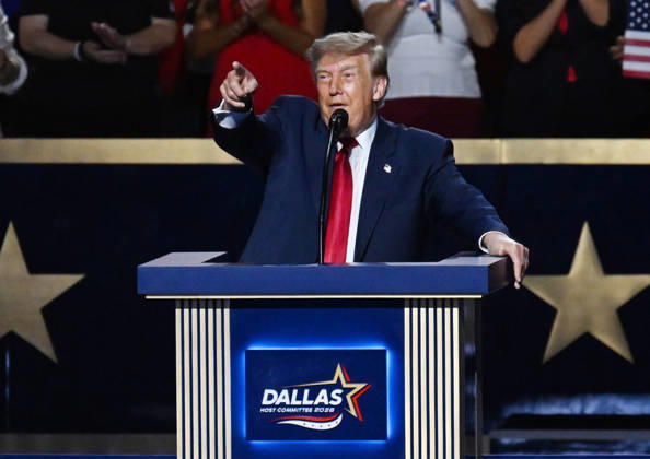 President Donald Trump makes an address during the second night of the Republican midterm convention at the American Airlines Center in Dallas, Texas, on Thursday, September 10, 2026.  DAL2026091093542 IANxHALPERIN