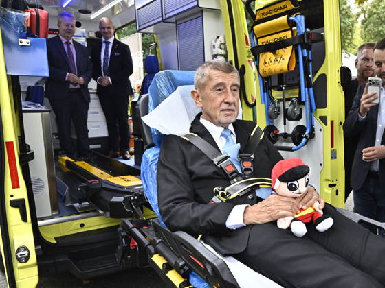 Czech Prime Minister Andrej Babis (ANO) tries out the stretcher in a new ambulance during the handover of ambulances to the Usti nad Labem Region Emergency Medical Service on September 11, in Litomerice, Czech Republic. (CTKxPhoto OndrejxHajek) CTKPhotoP2026091105875  CTKPhotoP2026091105875