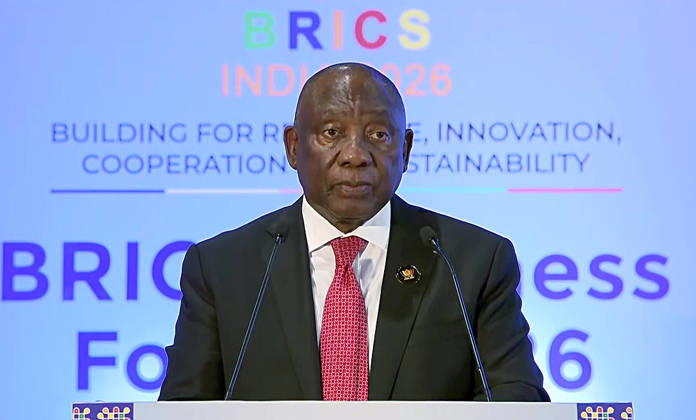 RECORD DATE NOT STATED Leaders Session of the BRICS Business Forum New Delhi, Sep 11 (ANI): South African President Cyril Ramaphosa addresses the Leaders Session of the BRICS Business Forum, in New Delhi on Friday. (DD News ANI Video Grab) New Delhi Delhi India Copyright: xANIx ANI_20260911449