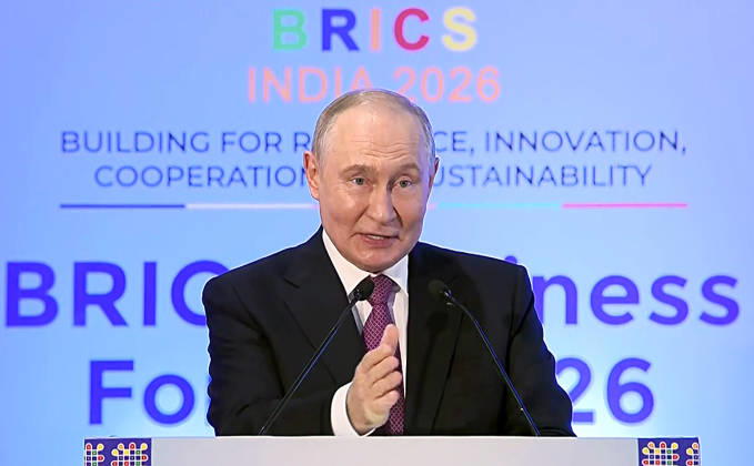 RECORD DATE NOT STATED Leaders Session of the BRICS Business Forum New Delhi, Sep 11 (ANI): Russian President Vladimir Putin addresses the Leaders Session of the BRICS Business Forum, in New Delhi on Friday. (DD News ANI Video Grab) New Delhi Delhi India Copyright: xANIx ANI_20260911450