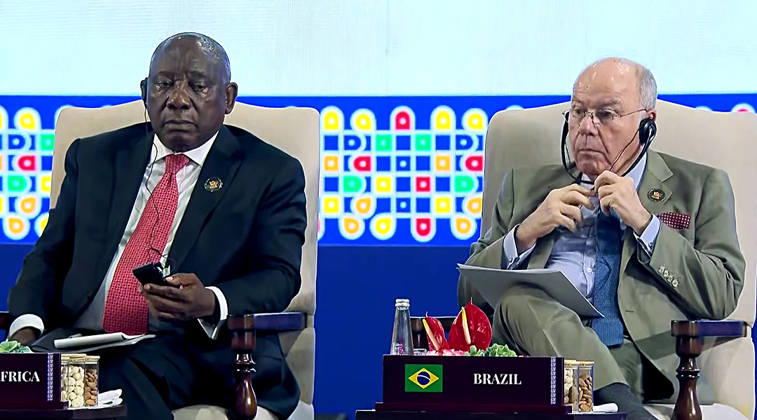 RECORD DATE NOT STATED Leaders Session of the BRICS Business Forum New Delhi, Sep 11 (ANI): South African President Cyril Ramaphosa and Brazilian Foreign Minister Mauro Vieira during the Leaders Session of the BRICS Business Forum, in New Delhi on Friday. (DD News ANI Video Grab) New Delhi Delhi India Copyright: xANIx ANI_20260911445