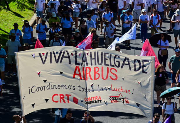 September 12, 2026, Madrid, Madrid, SPAIN: Workers from Airbus take part in a march for dignity at work in Madrid, organized by CGT Metal Madrid. The demonstration starts at Plaza de ColoÂ³n and proceeds along Paseo de la Castellana towards the Ministry of Industry. Workers demand dignity at work and defend their labor rights and working conditions. Madrid SPAIN - ZUMAz108 20260912_znp_z108_027 Copyright: xRichardxZubelzux