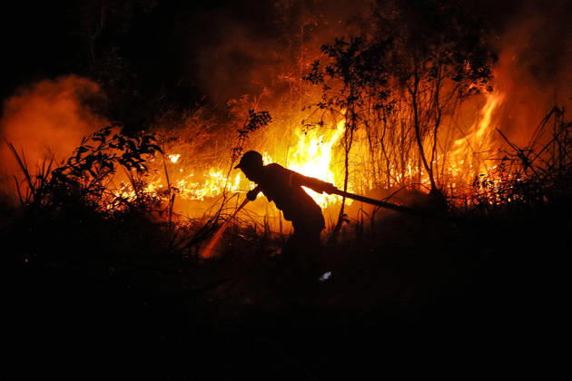 Forest And Peatland Fire In Ogan Ilir, South Sumatra A firefighter from the Ogan Ilir Regional Disaster Management Agency (BPBD) works to extinguish a forest and land fire along the Palembang-Inderalaya highway in Sungai Rambutan, Ogan Ilir Regency, South Sumatra, on September 11, 2026. Ogan Ilir, South Sumatra Indonesia Copyright: xSigitxPrasetyax originalFilename: prasetya-notitle260911_npSFz