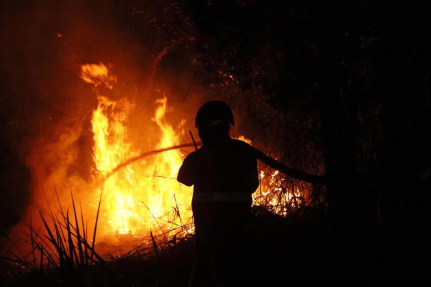 Forest And Peatland Fire In Ogan Ilir, South Sumatra A firefighter from the Ogan Ilir Regional Disaster Management Agency (BPBD) works to extinguish a forest and land fire along the Palembang-Inderalaya highway in Sungai Rambutan, Ogan Ilir Regency, South Sumatra, on September 11, 2026. Ogan Ilir, South Sumatra Indonesia Copyright: xSigitxPrasetyax originalFilename: prasetya-notitle260911_npYFV