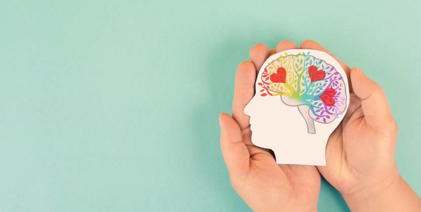 Tag der psychischen Gesundheit, Geist mit Herz und buntem Baum, Neurodiversität Autismus, emotionale Intelligenz, Freundlichkeit, Empathie und Unterstützung, positive Gedanken, menschliches Gehirn