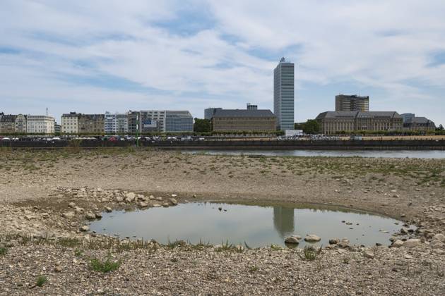 Ausblick über den Rhein bei sehr niedrigem Wasser, Trockenheit, Wassermangel, Düsseldorf, Deutschland View over the Rhine with very low water, drought, water shortage, Düsseldorf, Germany Copyright: imageBROKER Fotowerkstatt-ks ibxknr18807507.jpg