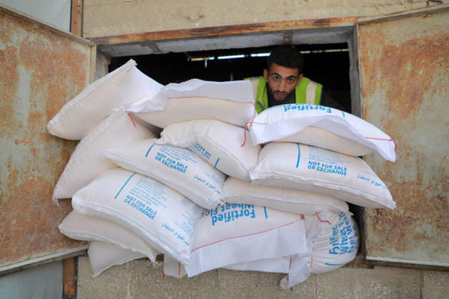 Palestinians Receive Food Aid From The World Food Programme - Gaza Palestinians receive food aid from the World Food Programme in the Al-Tuffah area, east of Gaza City . in Gaza City, on September 15 , 2026. Photo by Rizek ELdremle ABACAPRESS.COM Gaza Palestine  Copyright: xEldremlexRizek ABACAx