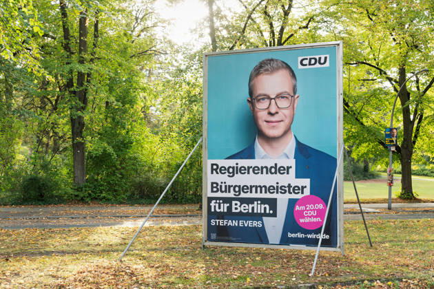 Berlin,19.09.2026, Wahlplakat der Berliner CDU mit Stefan Evers zur bevorstehenden Wahl zum Abgeordnetenhaus am 20.09.2026
