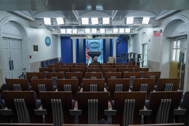 The White House press briefing room is seen on Saturday, September 19, 2026 in Washington DC. President Donald Trump announced via a post on Truth Social his decision to bar CNN, MS NOW, and Politico from the White House.  WAP20260919909 LeighxVogel