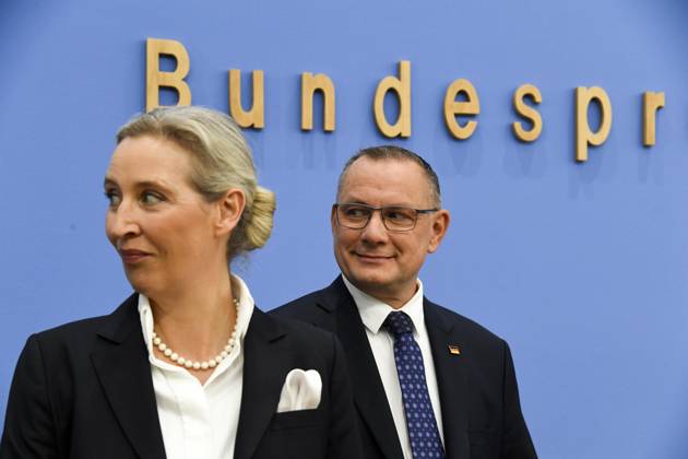 ABB BPK- Alice Weidel, Bundessprecherin der AfD und Co-Vorsitzende der AfD-Fraktion , Tino Chrupalla, Bundessprecher der AfD und Co-Vorsitzender der AfD-Fraktion Thema AfD - Auswirkungen der Landtagswahlen in Berlin und Mecklenburg-Vorpommern auf die Bundespolitik Statment auf der BPK Bundespressekonferenz am 21.09.2026 in Berlin Berlin Deutschland