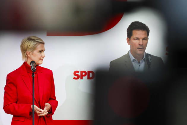 Manuela Schwesig und Steffen Krach bei der Pressekonferenz nach den Landtagswahlen in Berlin und Mecklenburg Vorpommern im Willy Brandt Haus am 21.09.26 SPD-Spitze zur PK nach Landtagswahlen in Berlin