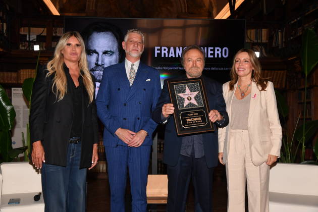 IPA88844534 - Rome, Ministry of Culture: Celebration for Franco Nero’s Stella Award. Pictured: Tiziana Rocca, Alessandro Giuli, Franco Nero, Lucia Borgonzoni Copyright: xVincenzoxLandix xVincenzoxLandix IPA88844534