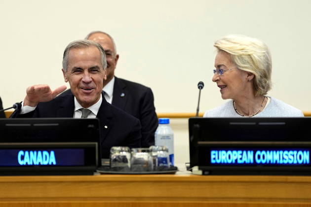 September 23, 2026, XUN: Prime Minister Mark Carney and European Commission President Ursula von der Leyen, right, attend a high-level pledging event for the OceanEye International Alliance in support of the Global Ocean Observing System (GOOS), on the sidelines of the the United Nations General Assembly (UNGA) at the UN headquarters on Wednesday, Sept. 23, 2026. XUN  - ZUMAc35_ 20260923_zaf_c35_014 Copyright: xJustinxTangx