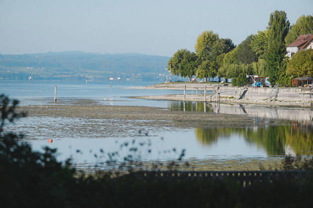 Wetterfeature, Spätsommerliche Wetterstimmung am Bodensee bei Immenstaad: Bei zunehmend sonnigem Wetter zeigt sich der See ruhig und weitläufig. Nach Angaben des Deutschen Wetterdienstes setzt sich am Freitag viel Sonne durch, auch am Wochenende bleibt es in Baden-Württemberg sehr warm und sonnig. Immenstaad am Bodensee Baden-Württemberg Deutschland Immenstaad am Bodensee