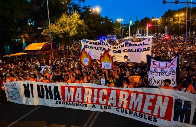 September 26, 2026, Madrid, Madrid, Spain: People take part in a demonstration organized by the Sindicato de Inquilinas e Inquilinos de Madrid in Madrid, Spain to demand housing rights and denounce the situation faced by tenants. The march begins at Puerta del Sol and continues towards Madrid City Hall and the Spanish Congress of Deputies under the slogan Ã¢â‚¬oeNi una Maricarmen moÂ¡sÃ¢â‚¬Â and the call to identify those responsible Madrid Spain - ZUMAz108 20260926_znp_z108_032 Copyright: xRichardxZubelzux