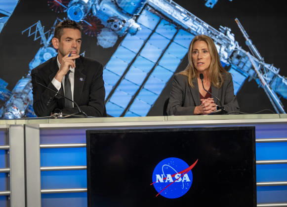 NASA Administrator Jared Isaacman (L) and NASA s Low Earth Orbit Program Manager Dana Weigel discuss and update on the Boeing Starliner Spacecraft at a news conference at Kennedy Space Center, Florida on Monday, September 28, 2026. The backdrop is a photo of the International Space Station, where the Starliner was designed to fly to but has had troubles. After a redesign, the next Starliner is expected to be launched in December.  KSC20260928113 PATxBENIC