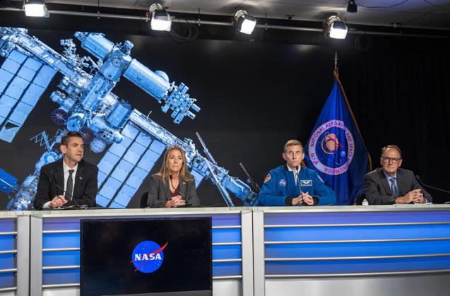 NASA Administrator Jared Isaacman (L), NASA s Low Earth Orbit Program Manager Dana Weigel, NASA astronaut Woody Hoburg, and Boeing Commercial Crew Program Manager John Mulholland (R) make comments at a news conference for an update on the Boeing Starliner Spacecraft at Kennedy Space Center, Florida on Monday, September 28, 2026. The backdrop is a photo of the International Space Station, where the Starliner was designed to fly to but has had troubles. After a redesign, the next Starliner is expected to be launched in December.  KSC20260928108 PATxBENIC