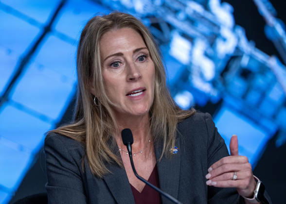 NASA s Low Earth Orbit Program Manager Dana Weigel discusses an update on the Boeing Starliner Spacecraft at a news conference at Kennedy Space Center, Florida on Monday, September 28, 2026. The backdrop is a photo of the International Space Station, where the Starliner was designed to fly to but has had troubles. After a redesign, the next Starliner is expected to be launched in December.  KSC20260928125 PATxBENIC