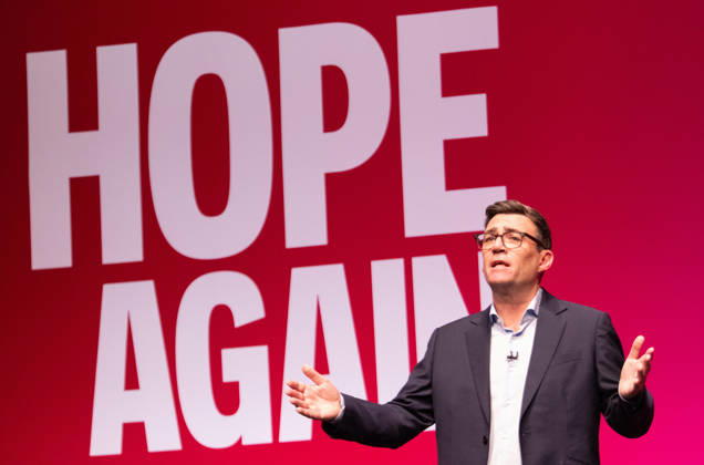 September 29, 2026, Liverpool, United Kingdom: Prime Minister Andy Burnham commands the stage at the Labour Conference 2026, in front of the Hope Again logo (the theme of the conference), whilst rallying the party faithful with an ambitious policy agenda. The Prime Minister™s inaugural conference address as leader drew a prolonged standing ovation after confronting difficult decisions on the national economy, water control, and state pensions. Liverpool United Kingdom - ZUMAs197 20260929_aaa_s197_279 Copyright: xGaryxRobertsx