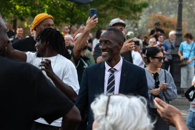 Public Service Demonstration in Paris - France LFI mayor of Saint-Denis Bally Bagayoko pictured during the demonstration of Public Service for working conditions and increased funding for public services and to support the high school blockades and firghters in Paris, France on September 29, 2026. Photo by Fabrice Sapte ABACAPRESS.COM Paris France  Copyright: xSaptexFabrice ABACAx
