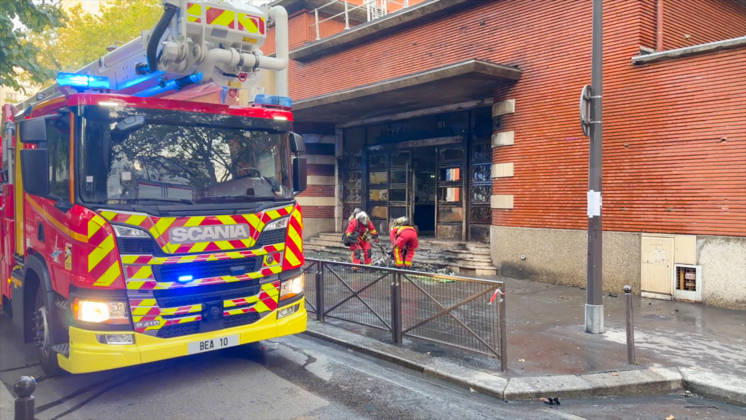 School Facade Burned During Student Blockade - Paris Videograbs - Firefighters work at the scene following an early morning blaze that damaged the facade of Gaston-Bachelard High School in the 13th arrondissement. The incident occurred as nationwide student blockades forced the closure of more than 400 high schools amid mounting political and security tensions. Paris, France, October 2, 2026. Photo by CLPRESS ABACAPRESS.COM Paris Ile-de-France France  Copyright: xCLPRESS ABACAx
