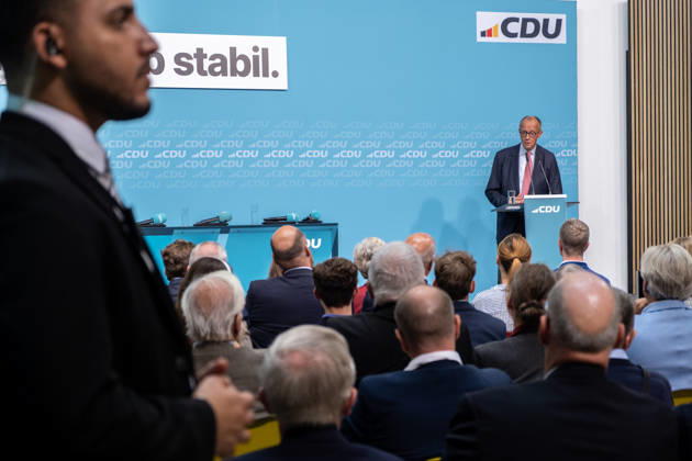 Bundeskanzler Friedrich Merz bei der abschließenden Wahlkampfveranstaltung der CDU anlässlich der bevorstehenden Berliner Abgeordnetenhauswahl im Konrad-Adenauer-Haus in Berlin. Chancellor Friedrich Merz at the CDU s final campaign rally ahead of the upcoming Berlin House of Representatives election at the Konrad Adenauer House in Berlin. Wahlkampf in Berlin