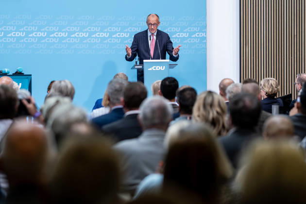 Bundeskanzler Friedrich Merz bei der abschließenden Wahlkampfveranstaltung der CDU anlässlich der bevorstehenden Berliner Abgeordnetenhauswahl im Konrad-Adenauer-Haus in Berlin. Chancellor Friedrich Merz at the CDU s final campaign rally ahead of the upcoming Berlin House of Representatives election at the Konrad Adenauer House in Berlin. Wahlkampf in Berlin