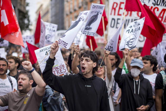 October 2, 2026, Madrid, Madrid, Spain: Protesters shout and hold signs during a demonstration in front of the Congress of Deputies in Madrid, demanding the approval of measures to address the housing and rental crisis in Spain. The demonstration was organized by protesters camping in Puerta del Sol in central Madrid. Madrid Spain - ZUMAs197 20261002_aaa_s197_070 Copyright: xLuisxSotox