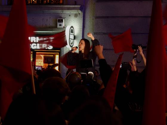 October 2, 2026, Madrid, Madrid, Spain: MADRID, SPAIN - October 02: Hundreds of people who remain camped in Puerta del Sol went out to march through the main streets of Madrid, passing through Calle AlcaloÂ¡, Plaza de Cibeles and Plaza de Neptuno, and returned to the encampment in Puerta del Sol shouting The fight goes on, whatever it takes Madrid Spain - ZUMAh199 20261002_zip_h199_024 Copyright: xAaronxHerediax