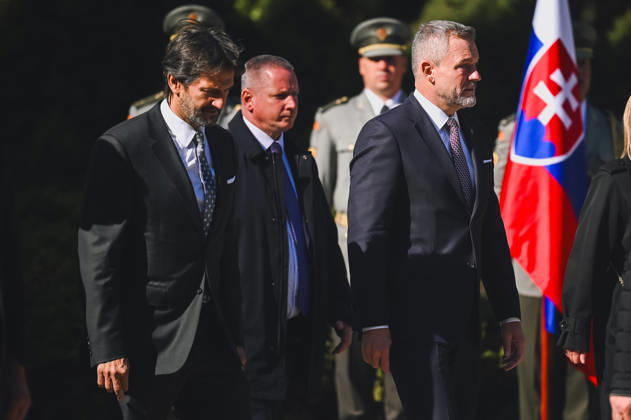 82nd anniversary of the Carpathina-Dukla Operation SVIDNIK, SLOVAKIA – OCTOBER 3: Peter Pellegrini, President of Slovakia (R) and Robert Kalinak, Minister of Defence of Slovakia arrive to the scene as Slovak officials, military personnel and members of the public gather to commemorate the 82nd anniversary of the Carpathian-Dukla Operation, one of the bloodiest military operations fought on Slovak territory during World War II. The commemorations take place at the Military Historical Museum in Svidnik and at the Dukla battlefield memorial complex, honouring the soldiers who fought and died during the operation, which marked the beginning of the direct liberation of Czechoslovakia. Robert Nemeti Anadolu Svidnik Slovakia. Editorial use only.  Copyright: x2026xAnadoluxRobertxNemetix
