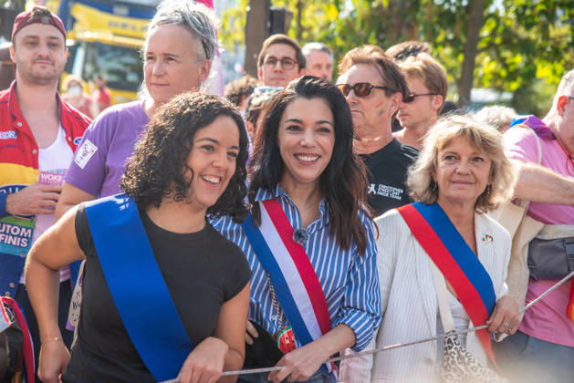 Politics At Paris Pride March - France Manon Aubry and Sophia Chikirou attend the Pride Parade to defend the rights of LGBTQ+ individuals, marching from Place d Italie to Bastille in Paris, France on October 3, 2026. Photo by Denis Prezat ABACAPRESS.COM Paris France  Copyright: xPrezatxDenis ABACAx
