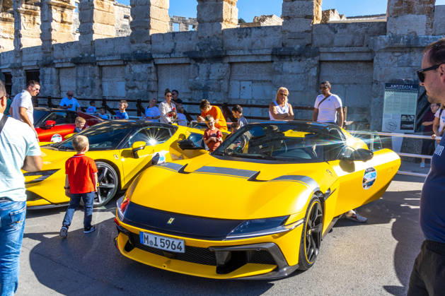 Ferrari Tour stops in Pula Luxury Ferrari sports cars taking part in a Ferrari Tour organized by Ineco Auto, are seen in front of the Roman Arena in Pula, Croatia, on October 3, 2026. While the drivers visit the ancient amphitheatre, local residents gather to watch and admire the vehicles.  SreckoxNiketic PIXSELL
