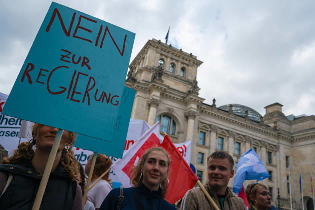 October 3, 2026, Berlin, Berlin, Germany: Thousands of people of all ages, including many school-age teenagers, marched through BerlinÃ¢â‚¬â ¢s Mitte district to protest mandatory military service, cuts to social services and increased spending on the arms industry. Berlin Germany  - ZUMAk201 20261003_zip_k201_006 Copyright: xNikosxKanistrasx