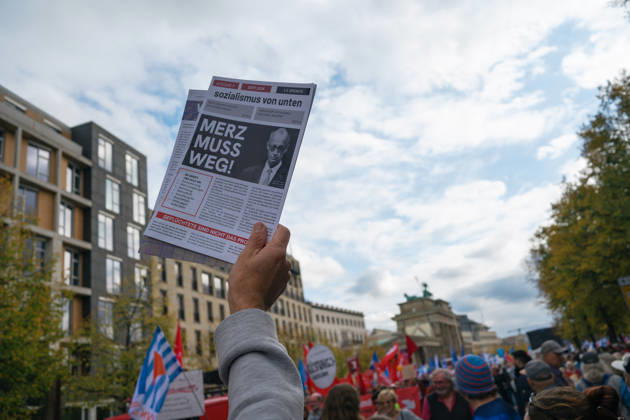 October 3, 2026, Berlin, Berlin, Germany: Thousands of people of all ages, including many school-age teenagers, marched through BerlinÃ¢â‚¬â ¢s Mitte district to protest mandatory military service, cuts to social services and increased spending on the arms industry. Berlin Germany  - ZUMAk201 20261003_zip_k201_008 Copyright: xNikosxKanistrasx