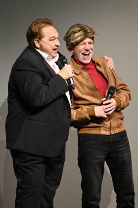 Oliver Kalkofe und Dietmar Wunder bei der Weltpremiere der ersten Folge der neuen SchleFaZ-Staffel auf Großbildleinwand Geisterjäger John Sinclair - Die Dämonenhochzeit im Ernst-Reuter-Saal. Berlin, 03.10.2026