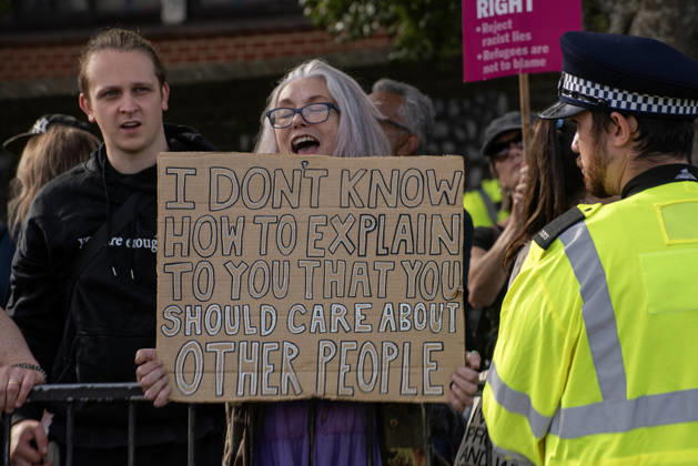 October 3, 2026, Dover, United Kingdom: An antifascist protester holds a placard and chants slogans during a counter-protest in Dover. Supporters of the English Defence League (EDL) gathered in Dover, UK to march through the town all the way to the harbour. English Defence League is an extreme far-right and Islamophobic organisation. It was founded by Tommy Robinson (pseudonym of Steven Yaxley-Lennon) in 2009. Dover United Kingdom - ZUMAs197 20261003_aaa_s197_265 Copyright: xKrisztianxElekx