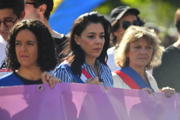 Politics At Paris Pride March - France Manon Aubry and Sophia Chikirou attend the Pride Parade to defend the rights of LGBTQ individuals, marching from Place d Italie to Bastille in Paris, France on October 3, 2026. Photo Ait Adjedjou Karim ABACAPRESS.COM Paris France  Copyright: xAitxAdjedjouxKarim ABACAx