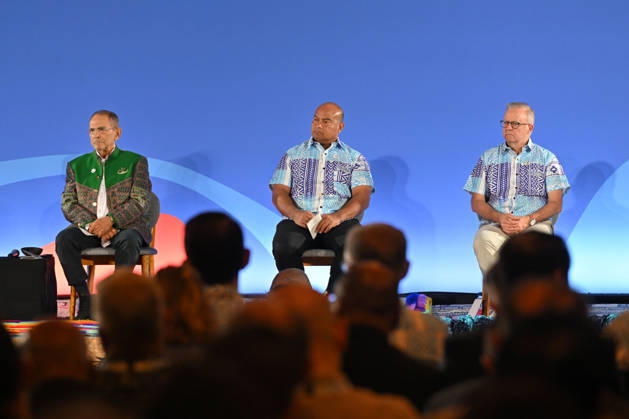 ANTHONY ALBANESE PRECOP MEETING, Timor-Leste™s President Jose Ramos Horta, Nauru™s President David Adeang and Australia™s Prime Minister Anthony Albanese during a traditional welcome ceremony during the Pre-Cop31 meeting in Fiji, Monday, October 5, 2026. ( NO ARCHIVING NADI Fiji  Copyright: xMICKxTSIKASx 20261005122684743627