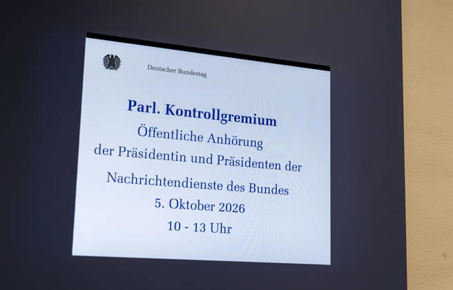 Anhörung der Nachrichtendienste EUR, Deutschland, Berlin, 05.10.2026: Anhörung der Präsidenten der Nachrichtendienste des Bundes. Das Parlamentarische Kontrollgremium kontrolliert die nachrichtendienstliche Tätigkeit des Bundes.