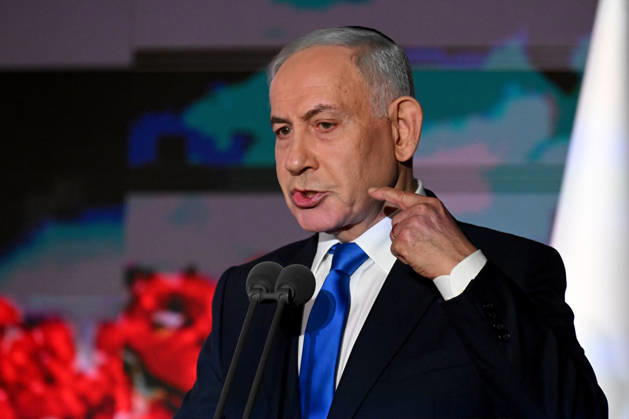 Israeli Prime Minister Benjamin Netanyahu speaks at the State Memorial Ceremony for the three year anniversary of the October 7, 2023, Hamas attack, in remembrance of Israel Defense Forces and security members who fell in the War of Redemption in the Mt. Herzl Cemetery, Jerusalem, on Monday, October 5, 2026.  JER2026100503 DEBBIExHILL