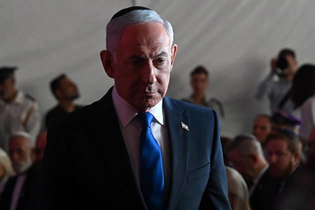 Israeli Prime Minister Benjamin Netanyahu attends the State Memorial Ceremony for the three year anniversary of the October 7, 2023, Hamas attack, in remembrance of Israel Defense Forces and security members who fell in the War of Redemption in the Mt. Herzl Cemetery, Jerusalem, on Monday, October 5, 2026.  JER2026100511 DEBBIExHILL