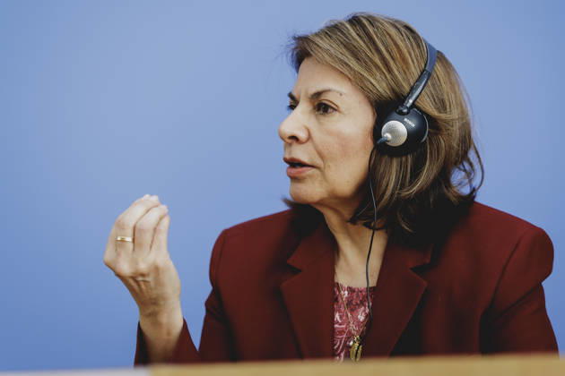 Laura Chinchilla Miranda, Staatspraesidentin a.D. von Costa Rica und Co-Vorsitzende der ENSK, aufgenommen im Rahmen der Pressekonferenz zur Vorstellung Entwicklungspolitische Nord-Sued-Kommission in Berlin, 05.10.2026. Berlin Deutschland Copyright: xFlorianxGaertnerx