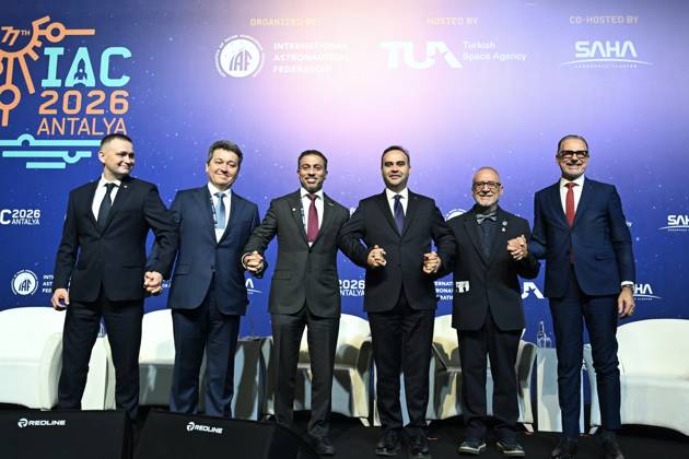 Ministerial Roundtable during the 77th International Astronautical Congress in Antalya ANTALYA, TURKIYE - OCTOBER 05: (L-R) Secretary of State at the Ministry of Economic Development and Technology of Poland Michal Jaros, Minister of Digital Technologies of Uzbekistan Sherzod Shermatov, Minister of Sports and Chairman of the UAE Space Agency Dr. Ahmad Belhoul Al Falasi, Turkish Minister of Industry and Technology Mehmet Fatih Kacir, Secretary of State for Science, Innovation and Universities of Spain Juan Cruz Cigudosa, and Director General of the European Space Agency (ESA) Josef Aschbacher attend the Ministerial Roundtable during the 77th International Astronautical Congress (IAC) at the NEST Convention Center in Antalya, Turkiye on Octob  Copyright: x2026xAnadoluxBerkexBayurx