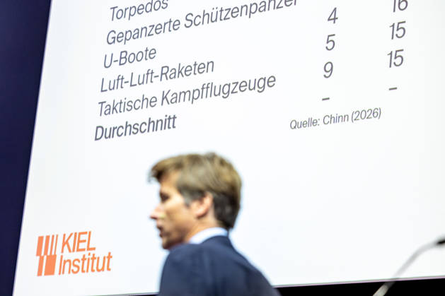 EXPO REAL 2026 in München 05.10.2026: Prof. Dr. Moritz Schularick, Präsident des Kiel Instituts für Weltwirtschaft (IfW Kiel), spricht auf der EXPO REAL 2026 im Investment Forum über globale ökonomische Entwicklungen und Deutschland. Verteidigung, Sicherheit und die wirtschaftlichen Folgen der veränderten geopolitischen Lage gehören 2026 auch auf der internationalen Immobilien- und Investitionsmesse zu den diskutierten Themen. Auf einer Präsentationsfolie während des Vortrags werden unter anderem verschiedene Bereiche militärischer Ausrüstung und Verteidigung dargestellt. Die EXPO REAL findet vom 5. bis 7. Oktober 2026 auf dem Gelände der Messe München statt. Muenchen Messe Bayern Deutschland