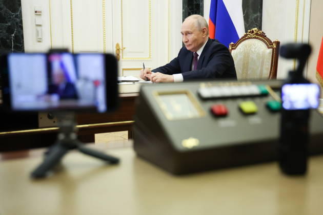 RUSSIA, MOSCOW - OCTOBER 5, 2026: Russian President Vladimir Putin attends via a video link the opening of the Point of Future Education Complex in Yakutsk. Vyacheslav Prokofyev Russian Presidential Press and Information Office TASS 98834199
