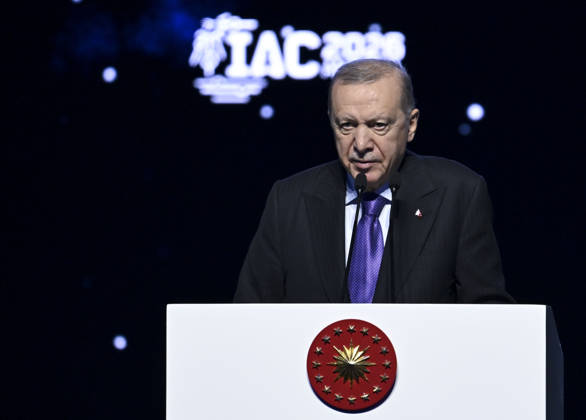 Turkish President Recep Tayyip Erdogan ANTALYA, TURKIYE - OCTOBER 05: Turkish President Recep Tayyip Erdogan delivers a speech during the opening of the International Astronautical Congress at the NEST Congress Center, on October 05, 2026 in Antalya, Turkiye. Utku Ucrak Anadolu Antalya Turkey. Editorial use only. Please get in touch for any other usage.  Copyright: x2026xAnadoluxUtkuxUcrakx
